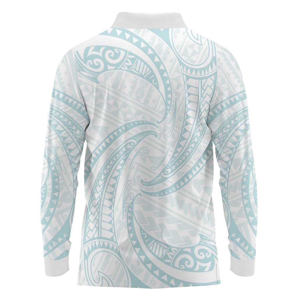 White Sunday Lotu Tamaiti Long Sleeve Polo Shirt Polynesian Wave Pastel Cyan LT9 - Polynesian Pride
