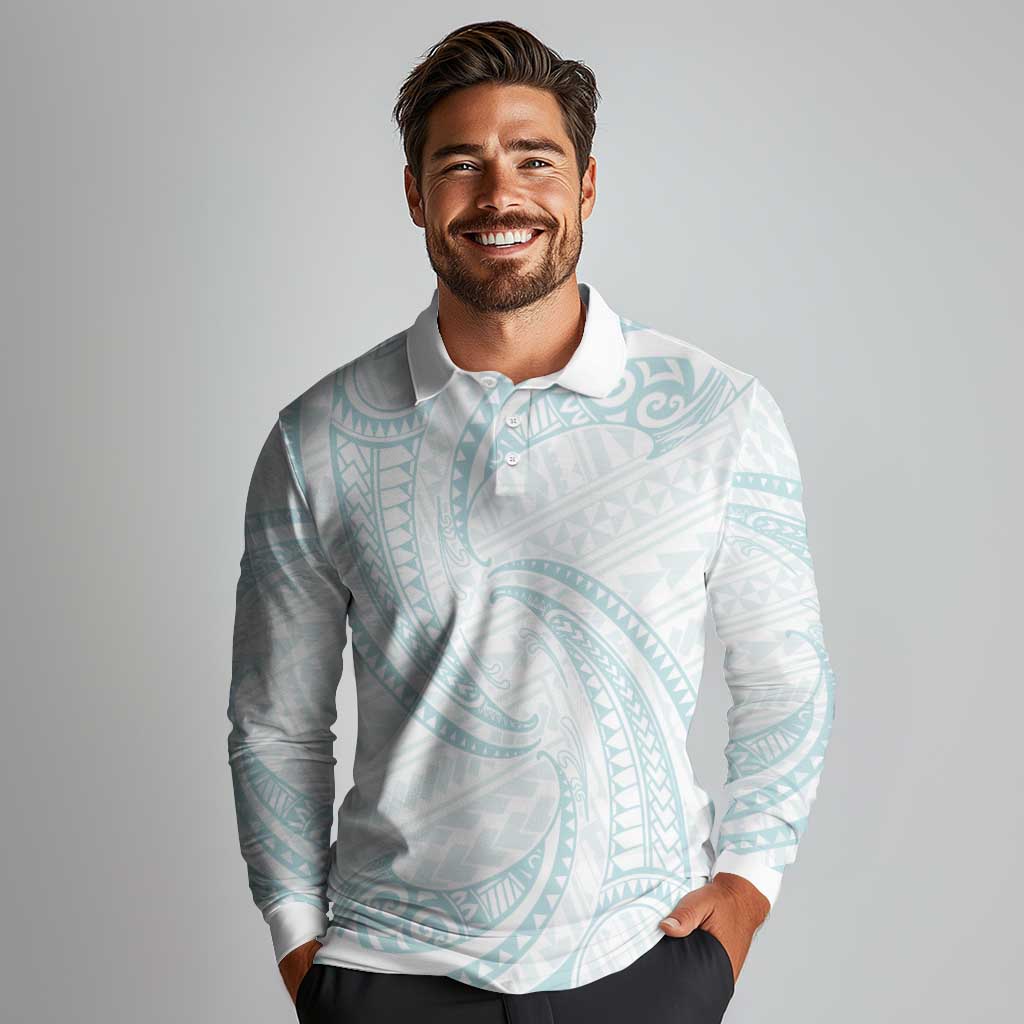 White Sunday Lotu Tamaiti Long Sleeve Polo Shirt Polynesian Wave Pastel Cyan LT9 - Polynesian Pride