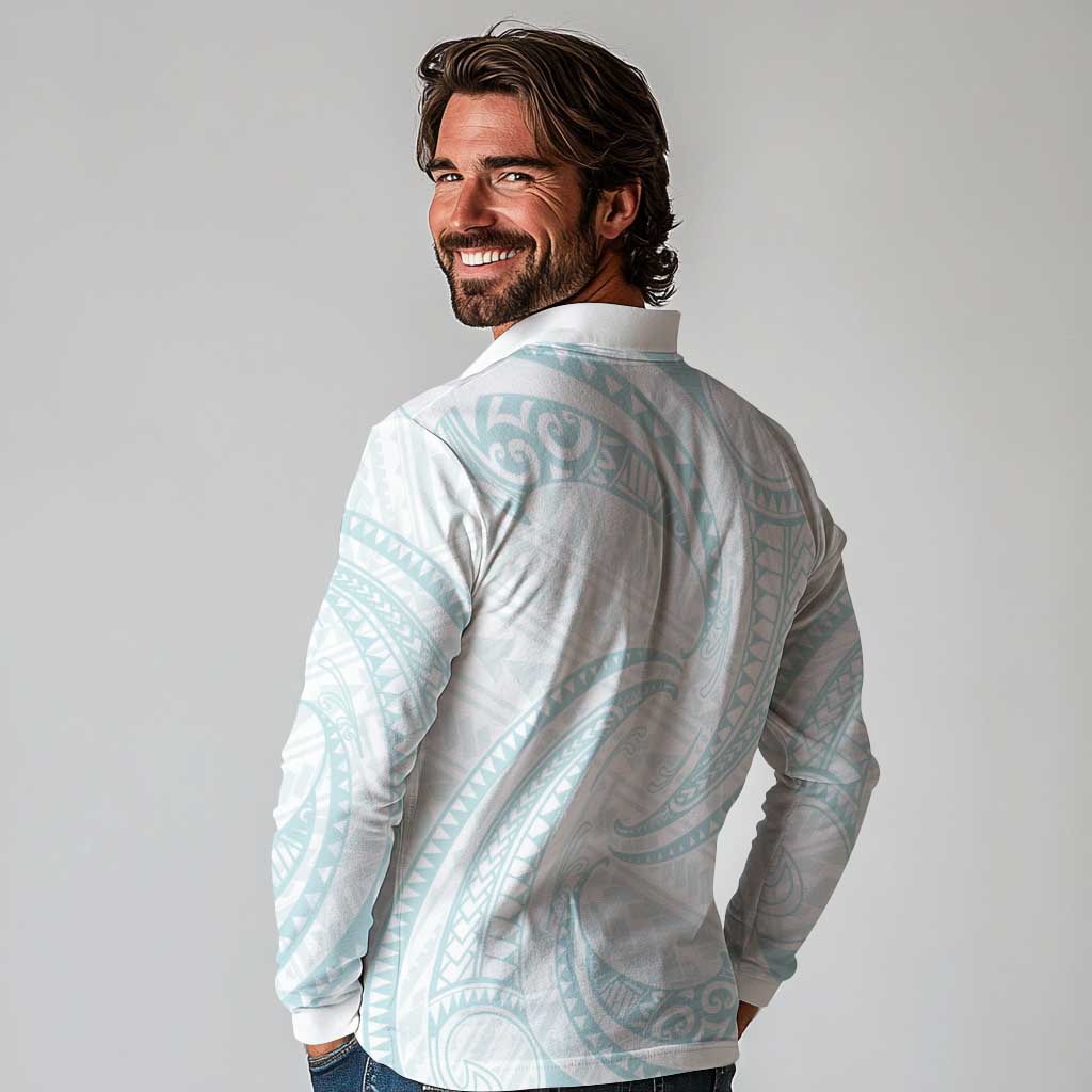 White Sunday Lotu Tamaiti Long Sleeve Polo Shirt Polynesian Wave Pastel Cyan LT9 - Polynesian Pride