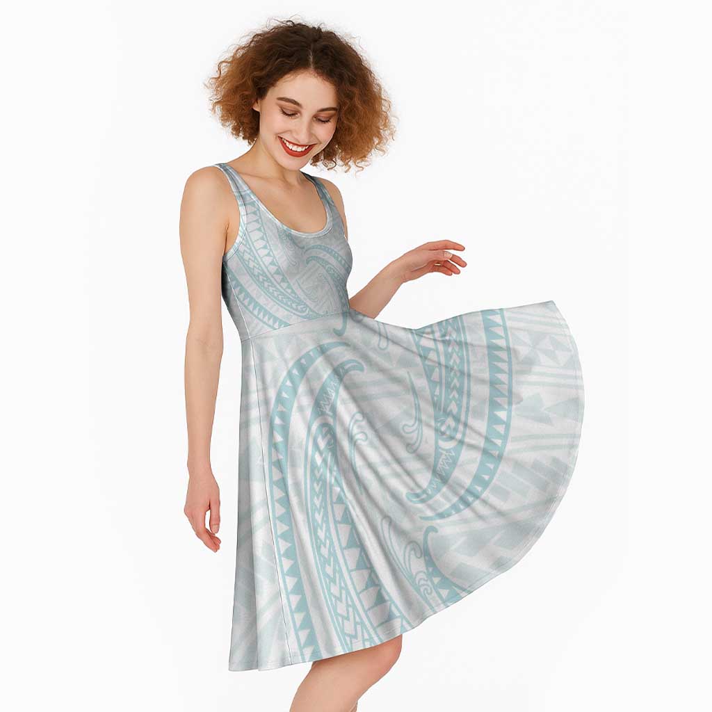 White Sunday Lotu Tamaiti Midi Dress Polynesian Wave Pastel Cyan - Polynesian Pride
