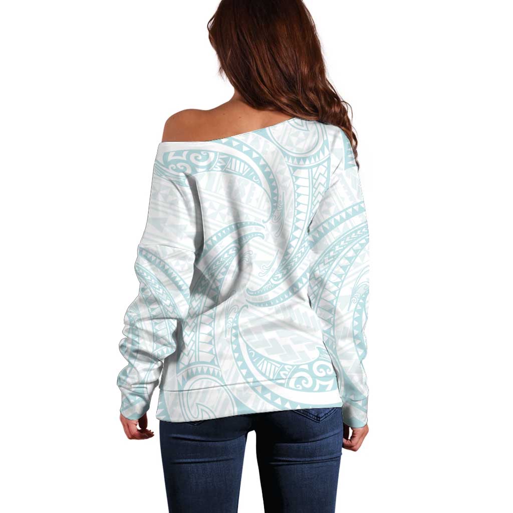 White Sunday Lotu Tamaiti Off Shoulder Sweater Polynesian Wave Pastel Cyan - Polynesian Pride
