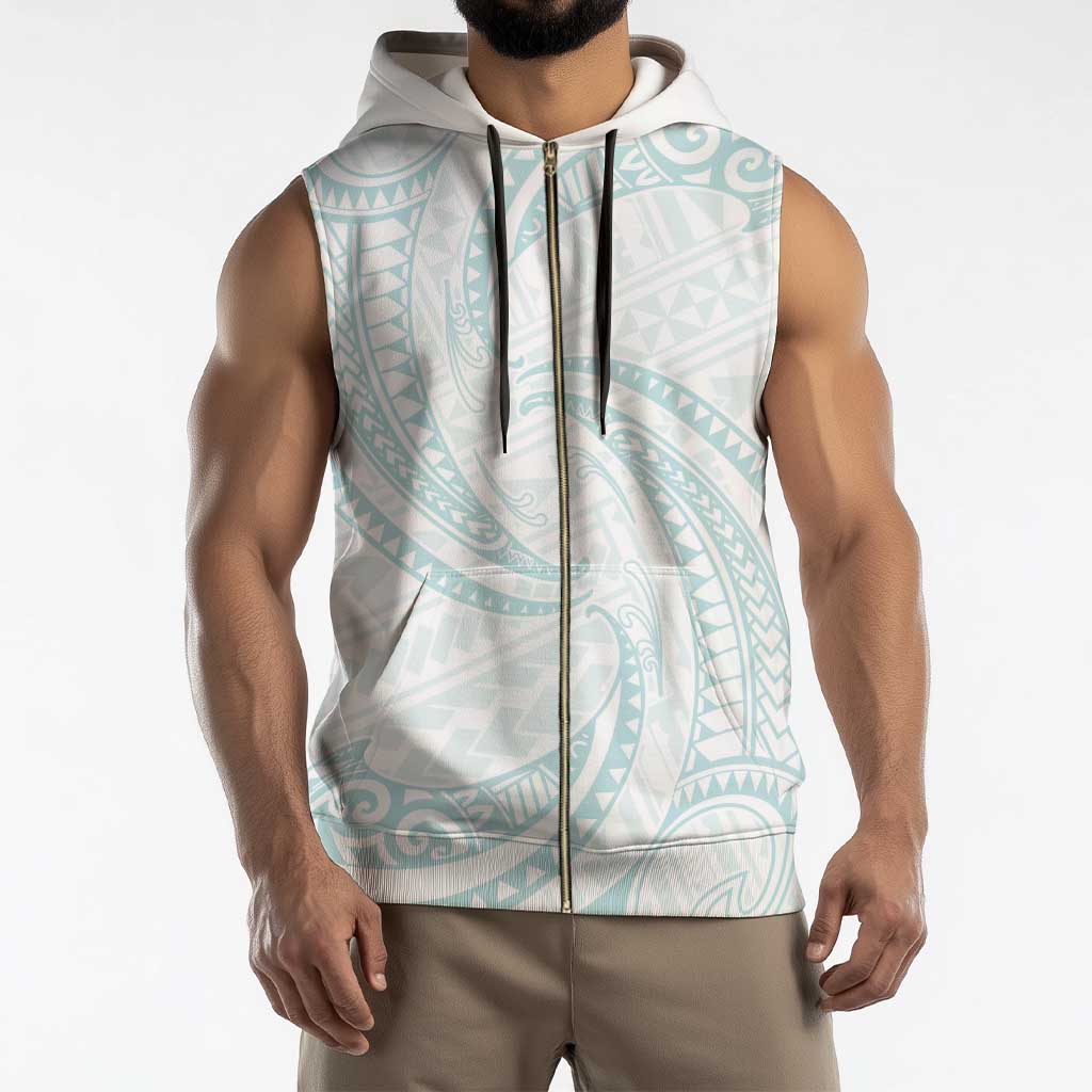 White Sunday Lotu Tamaiti Sleeveless Zip Hoodie Polynesian Wave Pastel Cyan - Polynesian Pride
