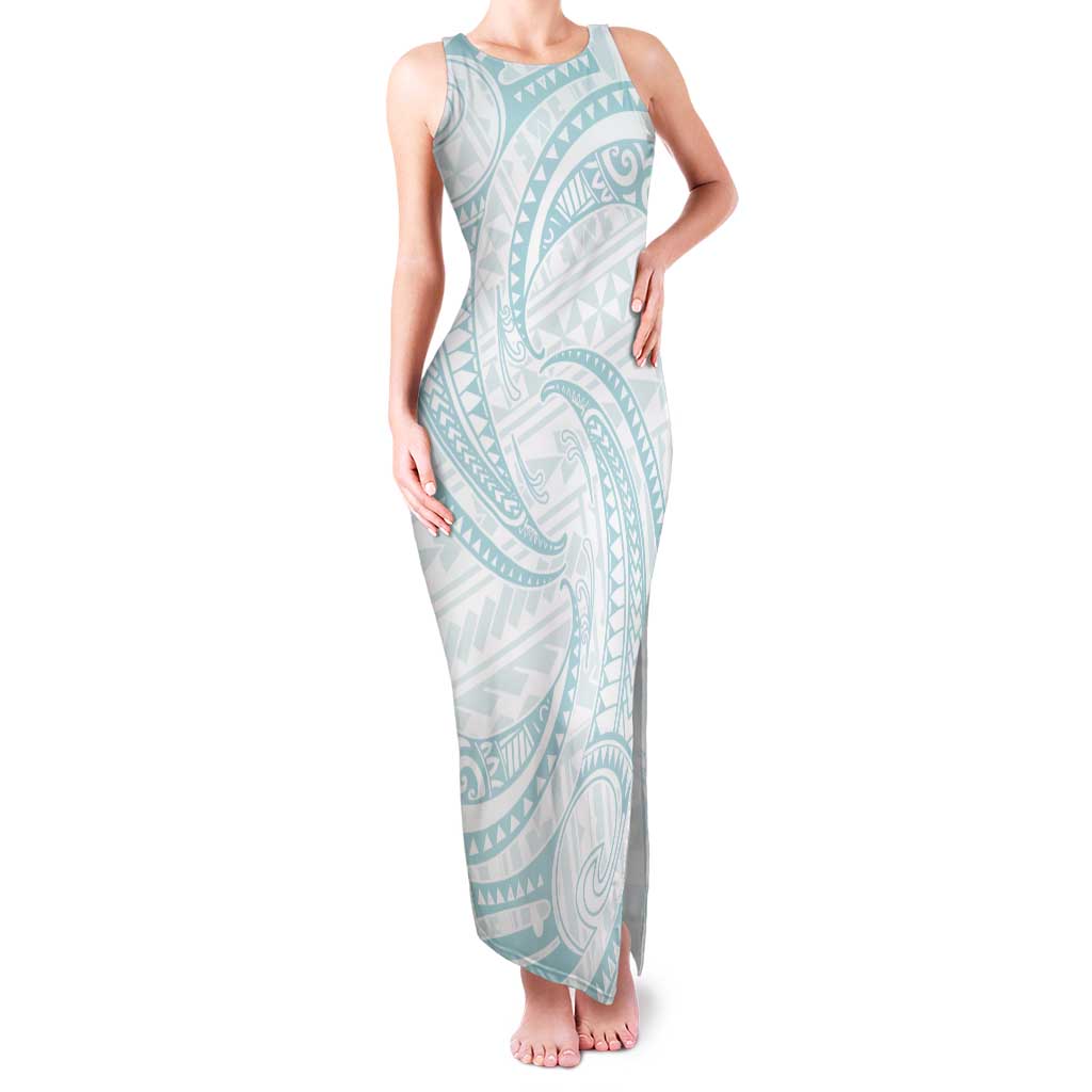 White Sunday Lotu Tamaiti Tank Maxi Dress Polynesian Wave Pastel Cyan - Polynesian Pride