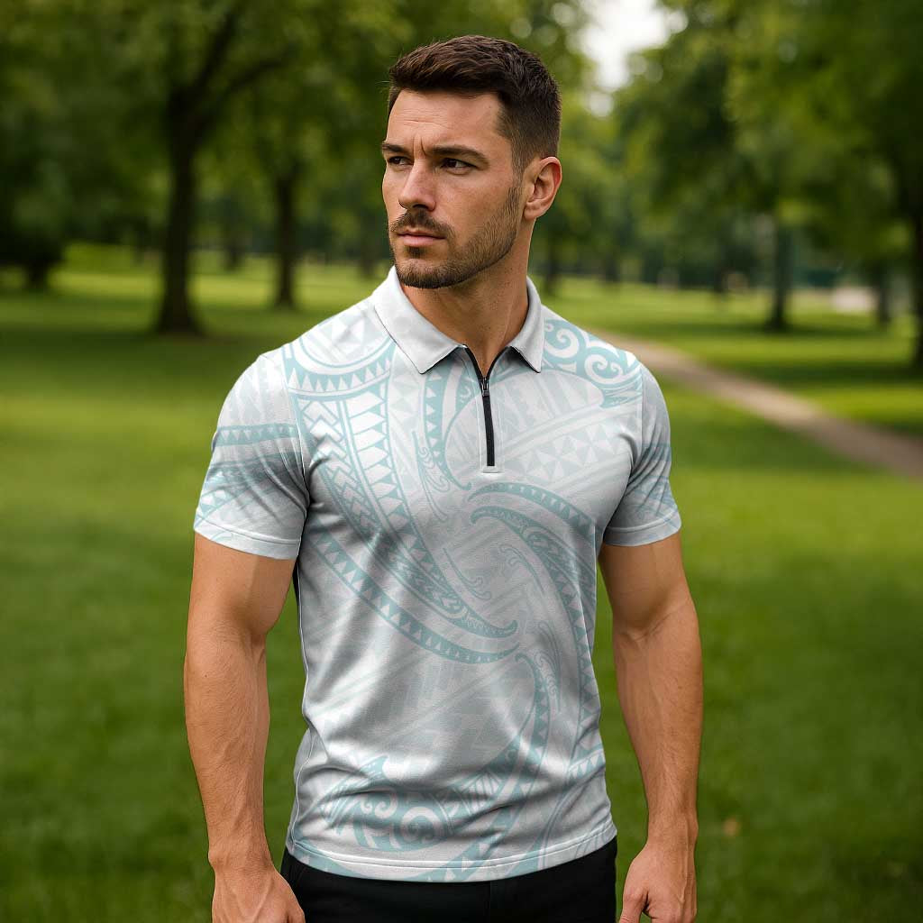 White Sunday Lotu Tamaiti Zipper Polo Shirt Polynesian Wave Pastel Cyan - Polynesian Pride
