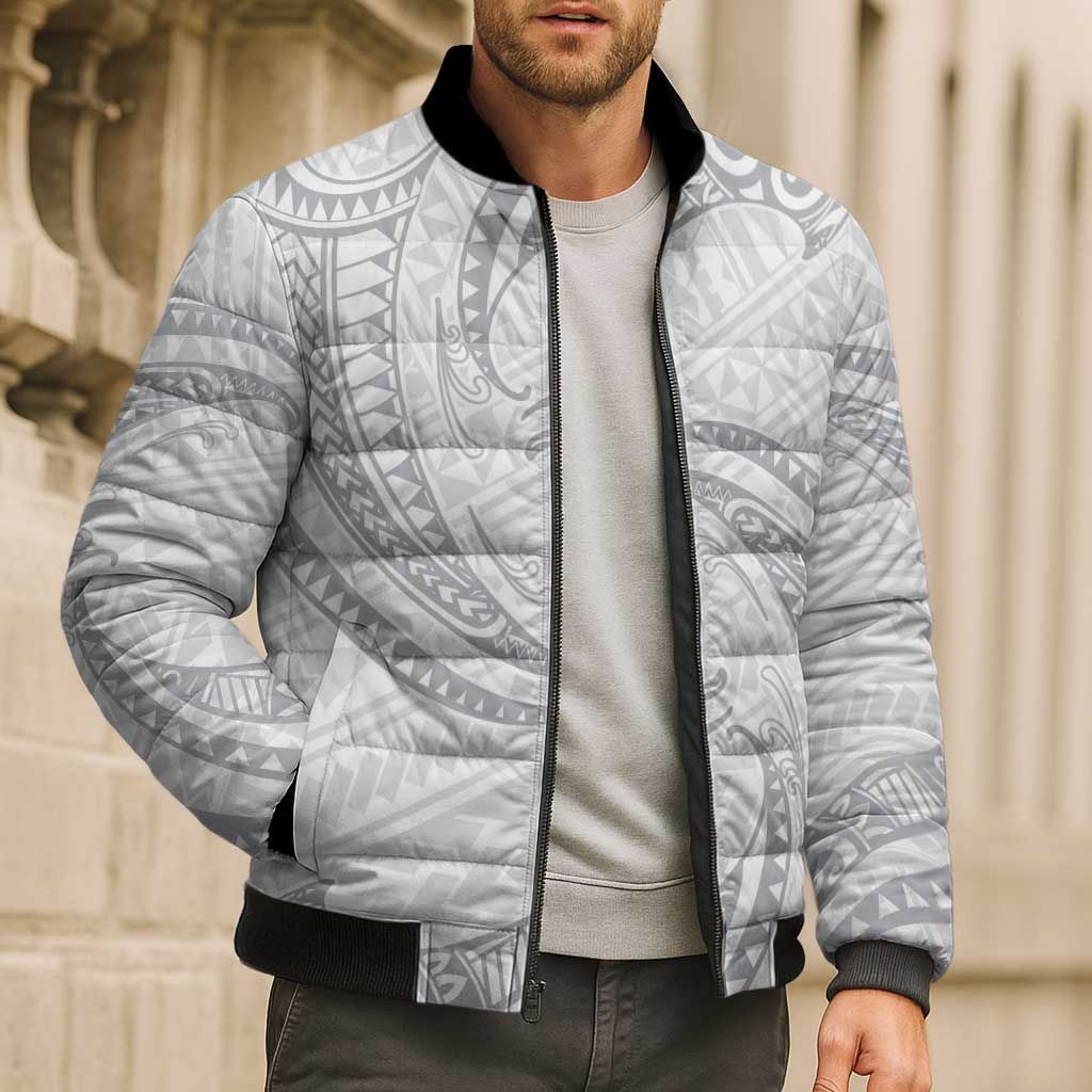 White Sunday Lotu Tamaiti Bomber Puffer Jacket Polynesian Wave Pastel Gray LT9 - Polynesian Pride
