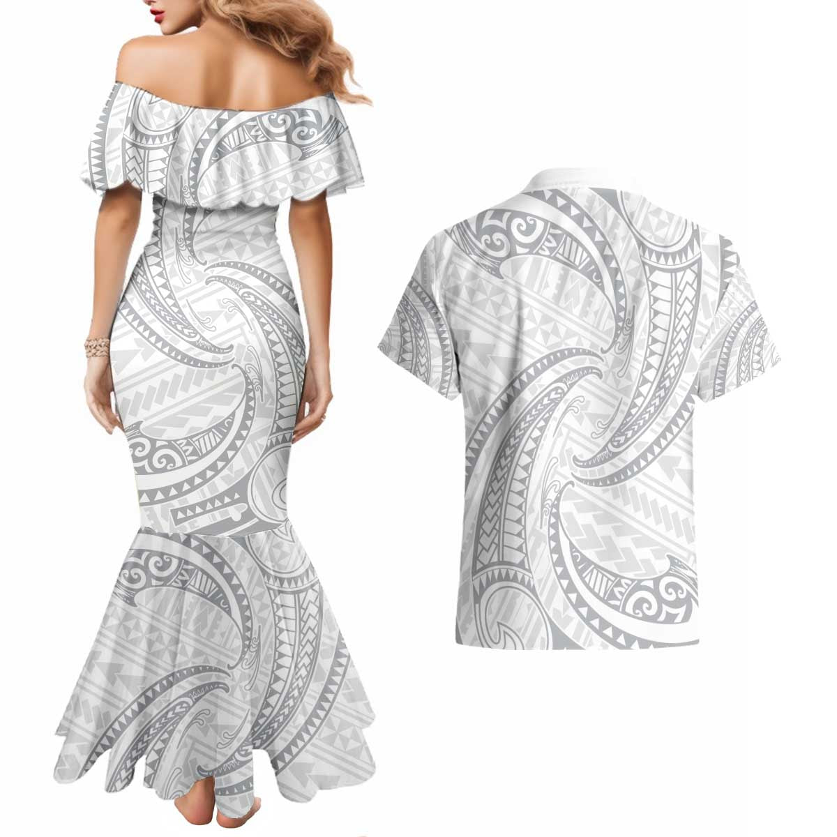 White Sunday Lotu Tamaiti Couples Matching Mermaid Dress and Hawaiian Shirt Polynesian Wave Pastel Gray - Polynesian Pride