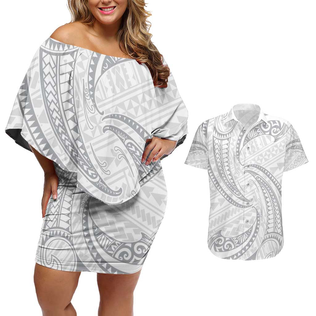 White Sunday Lotu Tamaiti Couples Matching Off Shoulder Short Dress and Hawaiian Shirt Polynesian Wave Pastel Gray LT9 Gray - Polynesian Pride