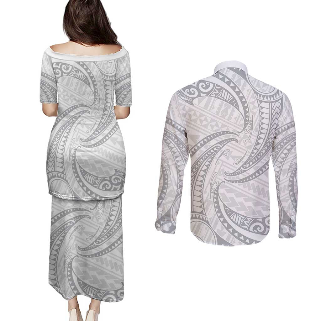 White Sunday Lotu Tamaiti Couples Matching Puletasi and Long Sleeve Button Shirt Polynesian Wave Pastel Gray LT9 - Polynesian Pride
