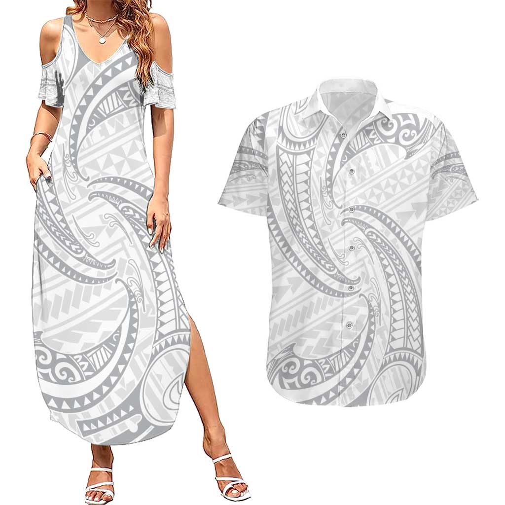 White Sunday Lotu Tamaiti Couples Matching Summer Maxi Dress and Hawaiian Shirt Polynesian Wave Pastel Gray LT9 Gray - Polynesian Pride