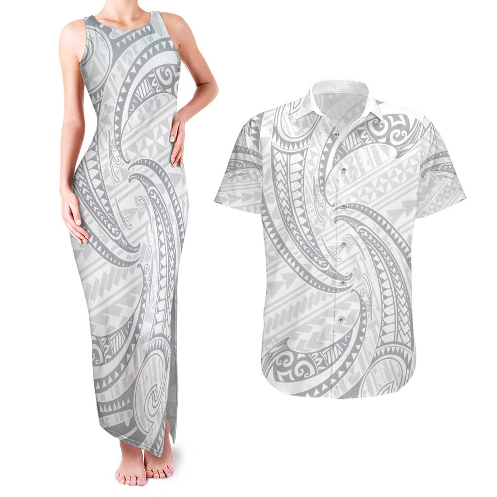 White Sunday Lotu Tamaiti Couples Matching Tank Maxi Dress and Hawaiian Shirt Polynesian Wave Pastel Gray LT9 Gray - Polynesian Pride