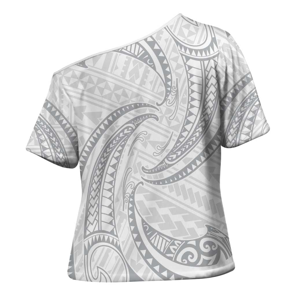 White Sunday Lotu Tamaiti Cross Shoulder Shirt Polynesian Wave Pastel Gray LT9 - Polynesian Pride