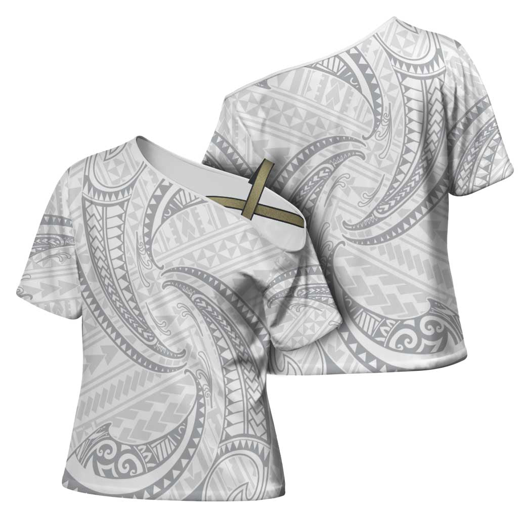 White Sunday Lotu Tamaiti Cross Shoulder Shirt Polynesian Wave Pastel Gray LT9 - Polynesian Pride