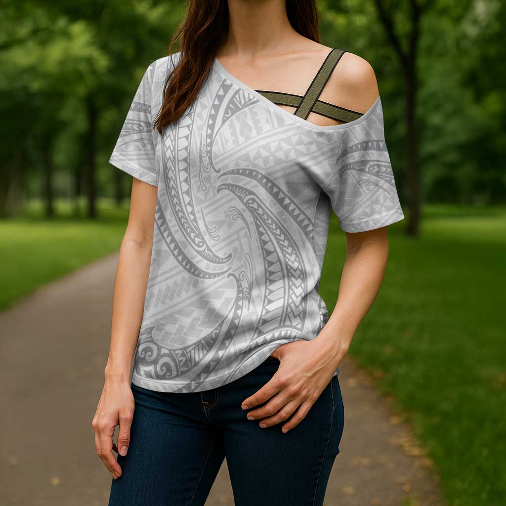 White Sunday Lotu Tamaiti Cross Shoulder Shirt Polynesian Wave Pastel Gray LT9 - Polynesian Pride