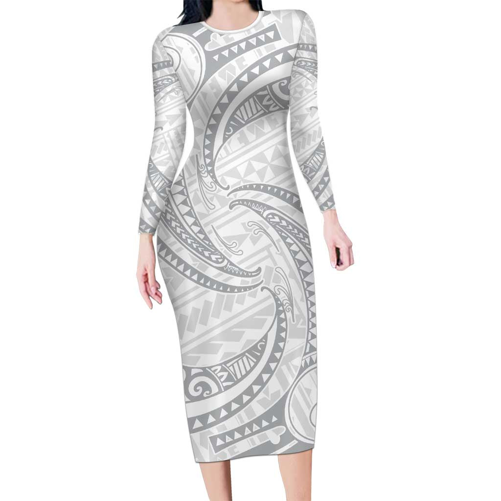 White Sunday Lotu Tamaiti Family Matching Long Sleeve Bodycon Dress and Hawaiian Shirt Polynesian Wave Pastel Gray - Polynesian Pride
