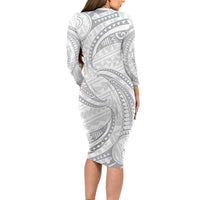 White Sunday Lotu Tamaiti Family Matching Long Sleeve Bodycon Dress and Hawaiian Shirt Polynesian Wave Pastel Gray - Polynesian Pride