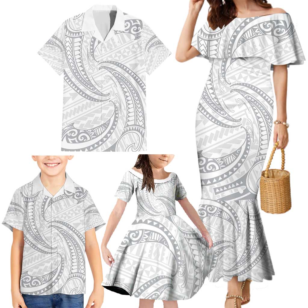 White Sunday Lotu Tamaiti Family Matching Mermaid Dress and Hawaiian Shirt Polynesian Wave Pastel Gray LT9 - Polynesian Pride