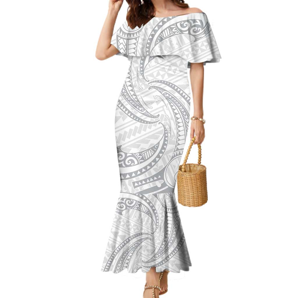 White Sunday Lotu Tamaiti Family Matching Mermaid Dress and Hawaiian Shirt Polynesian Wave Pastel Gray - Polynesian Pride