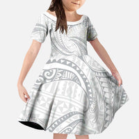 White Sunday Lotu Tamaiti Family Matching Off The Shoulder Long Sleeve Dress and Hawaiian Shirt Polynesian Wave Pastel Gray - Polynesian Pride