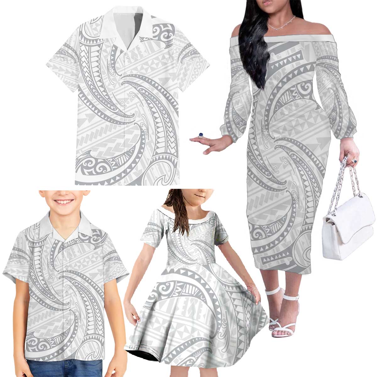 White Sunday Lotu Tamaiti Family Matching Off The Shoulder Long Sleeve Dress and Hawaiian Shirt Polynesian Wave Pastel Gray LT9 - Polynesian Pride