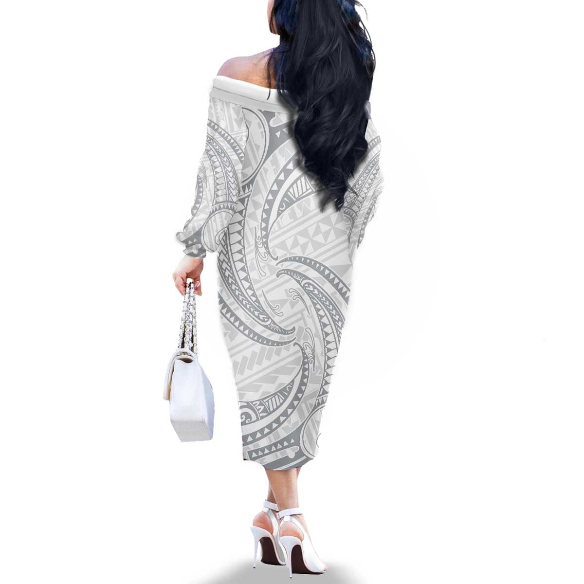White Sunday Lotu Tamaiti Family Matching Off The Shoulder Long Sleeve Dress and Hawaiian Shirt Polynesian Wave Pastel Gray - Polynesian Pride