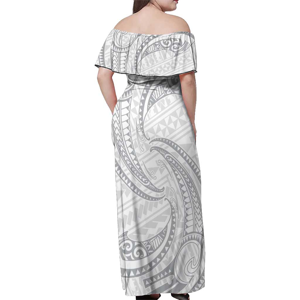 White Sunday Lotu Tamaiti Family Matching Off Shoulder Maxi Dress and Hawaiian Shirt Polynesian Wave Pastel Gray - Polynesian Pride