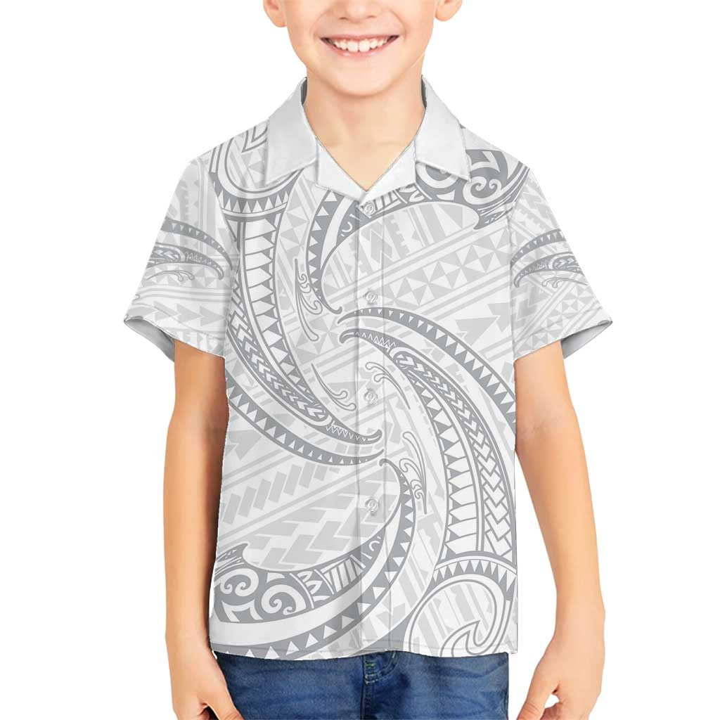 White Sunday Lotu Tamaiti Family Matching Off Shoulder Maxi Dress and Hawaiian Shirt Polynesian Wave Pastel Gray - Polynesian Pride