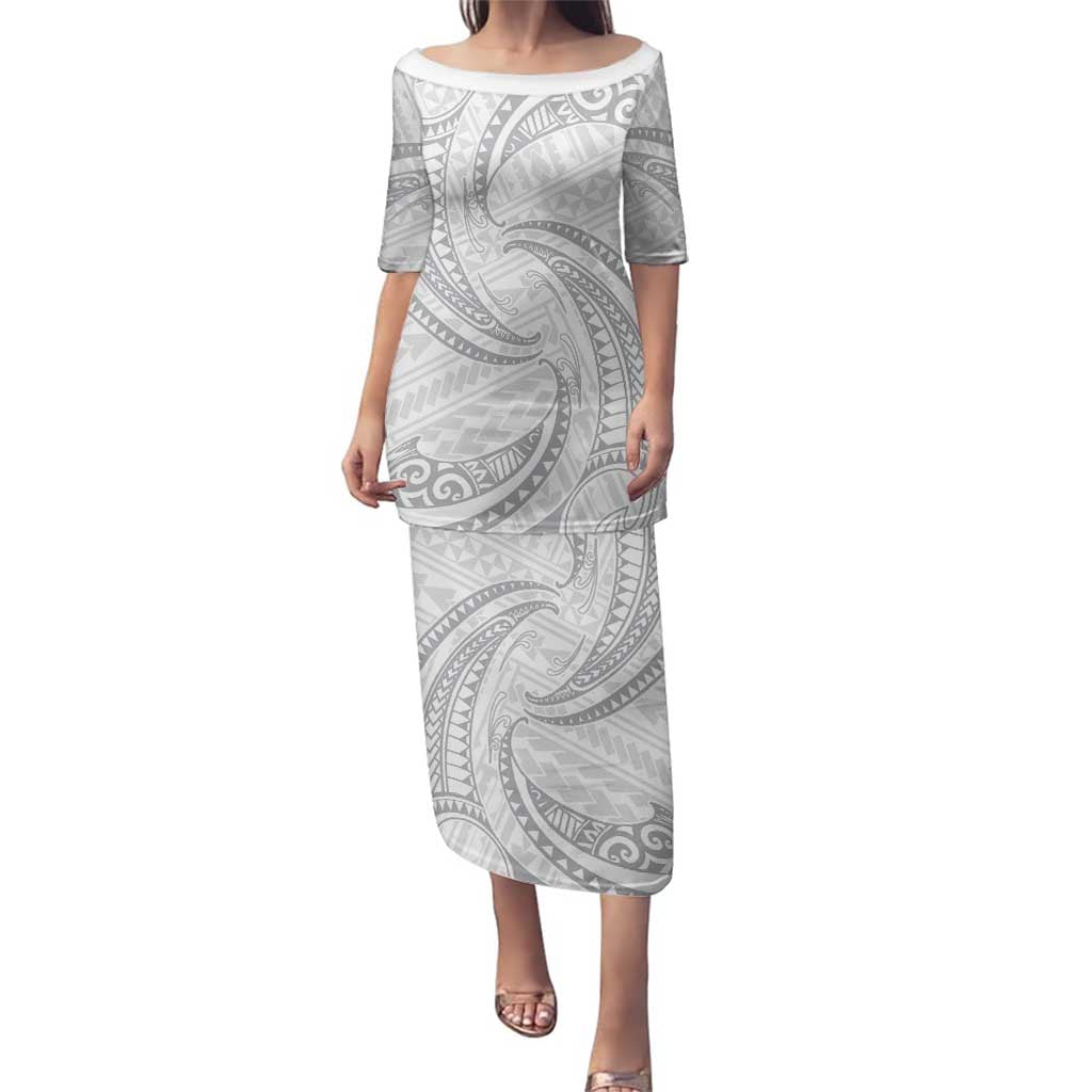 White Sunday Lotu Tamaiti Family Matching Puletasi and Hawaiian Shirt Polynesian Wave Pastel Gray - Polynesian Pride