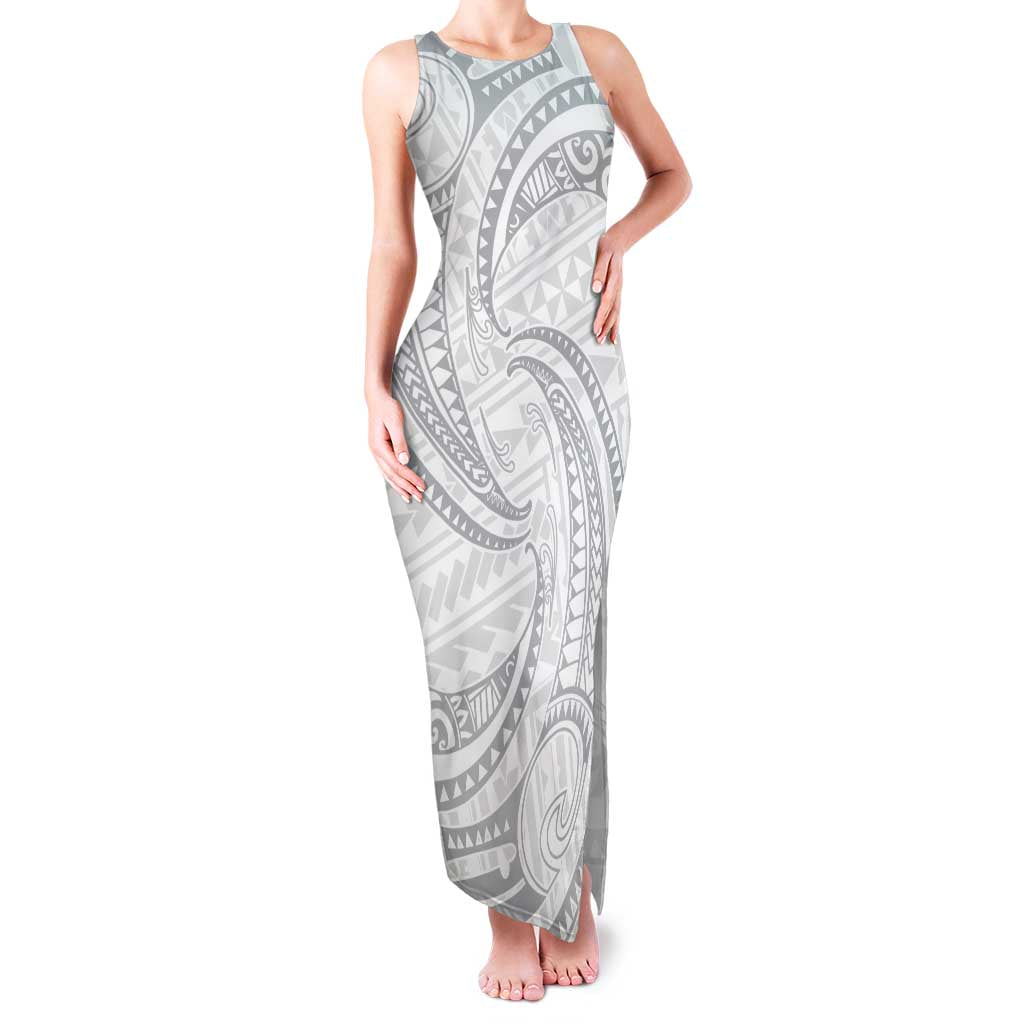 White Sunday Lotu Tamaiti Family Matching Tank Maxi Dress and Hawaiian Shirt Polynesian Wave Pastel Gray - Polynesian Pride