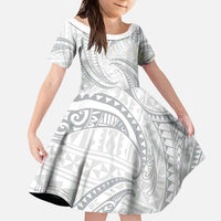 White Sunday Lotu Tamaiti Kid Short Sleeve Dress Polynesian Wave Pastel Gray - Polynesian Pride