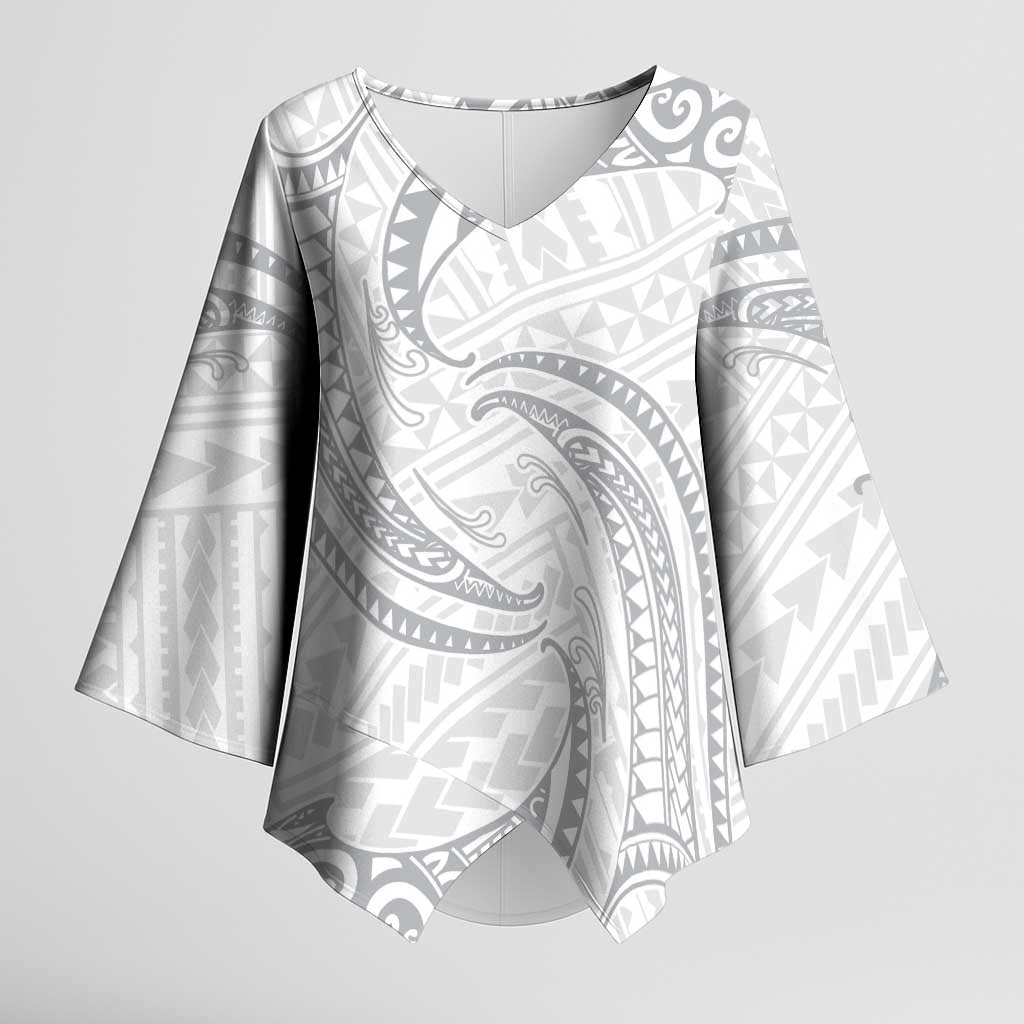 White Sunday Lotu Tamaiti Kimono Sleeve Blouse Polynesian Wave Pastel Gray - Polynesian Pride