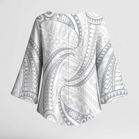 White Sunday Lotu Tamaiti Kimono Sleeve Blouse Polynesian Wave Pastel Gray - Polynesian Pride