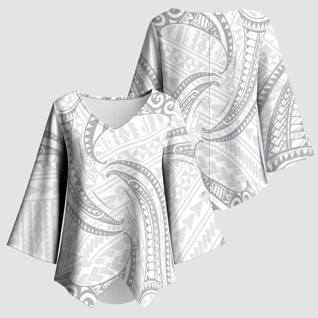 White Sunday Lotu Tamaiti Kimono Sleeve Blouse Polynesian Wave Pastel Gray - Polynesian Pride