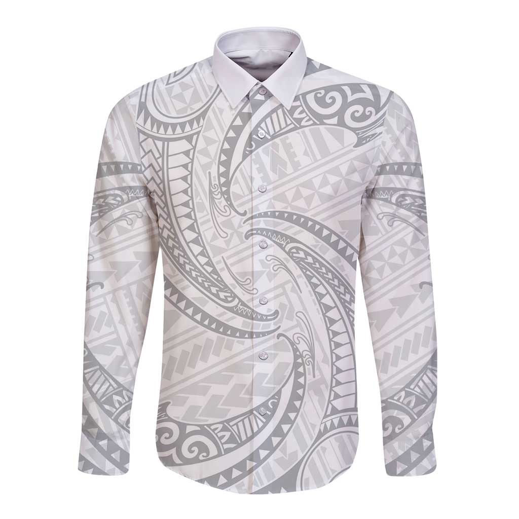 White Sunday Lotu Tamaiti Long Sleeve Button Shirt Polynesian Wave Pastel Gray LT9 Unisex Gray - Polynesian Pride