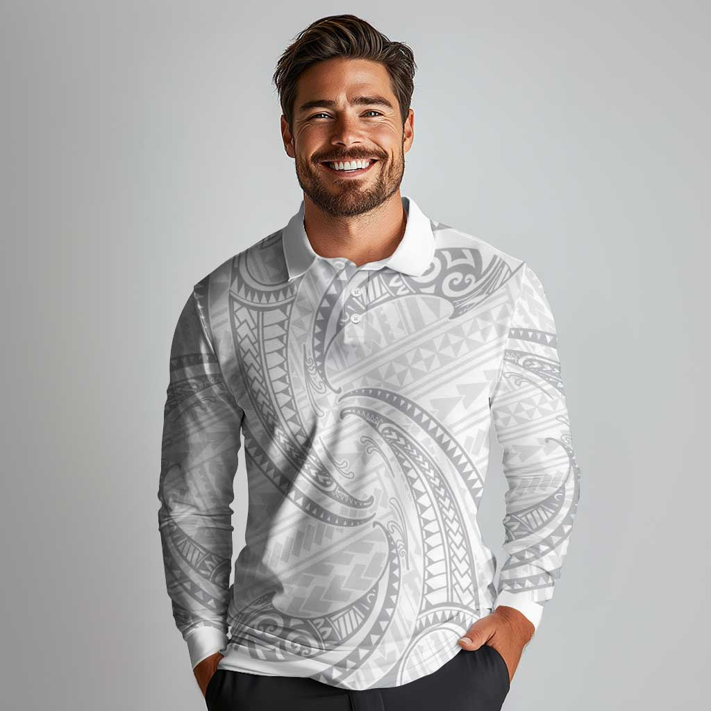 White Sunday Lotu Tamaiti Long Sleeve Polo Shirt Polynesian Wave Pastel Gray LT9 - Polynesian Pride