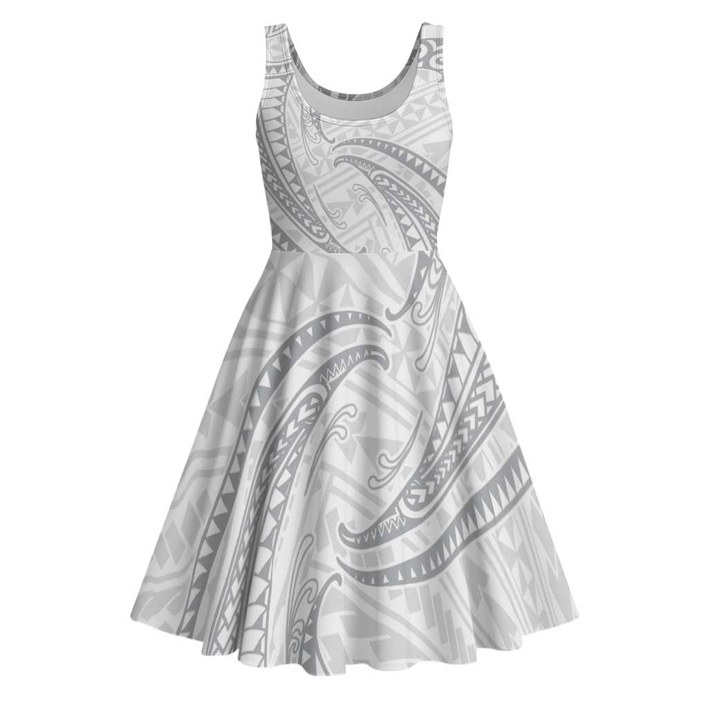 White Sunday Lotu Tamaiti Midi Dress Polynesian Wave Pastel Gray - Polynesian Pride