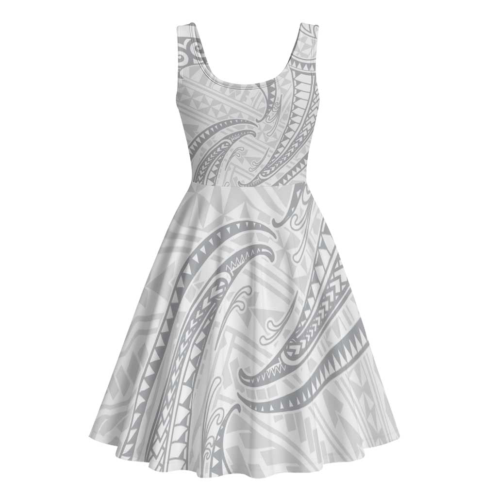 White Sunday Lotu Tamaiti Midi Dress Polynesian Wave Pastel Gray - Polynesian Pride