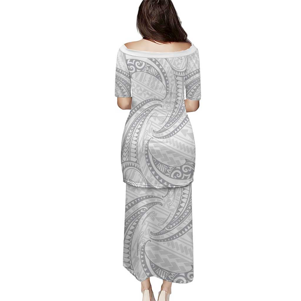 White Sunday Lotu Tamaiti Puletasi Polynesian Wave Pastel Gray - Polynesian Pride