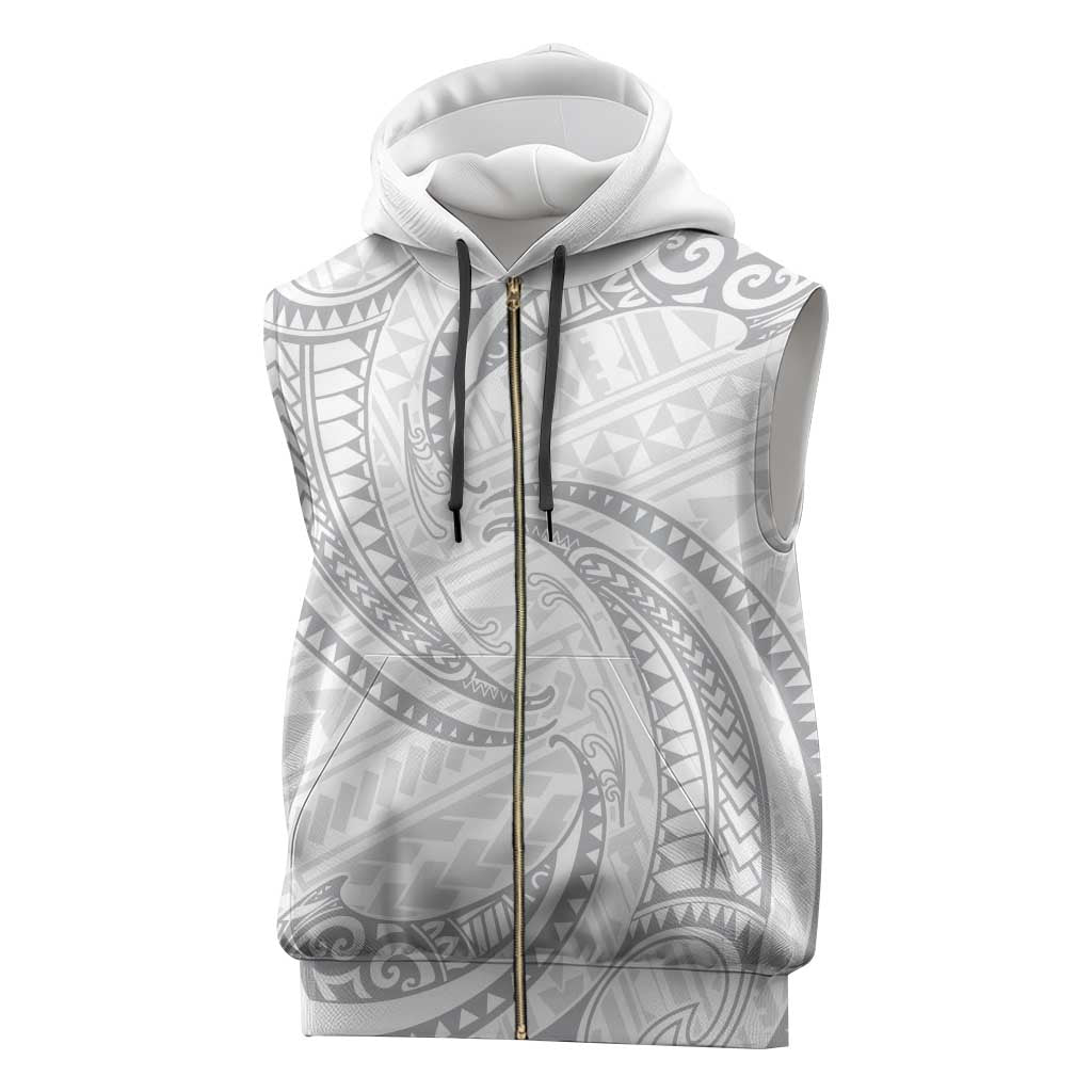 White Sunday Lotu Tamaiti Sleeveless Zip Hoodie Polynesian Wave Pastel Gray - Polynesian Pride