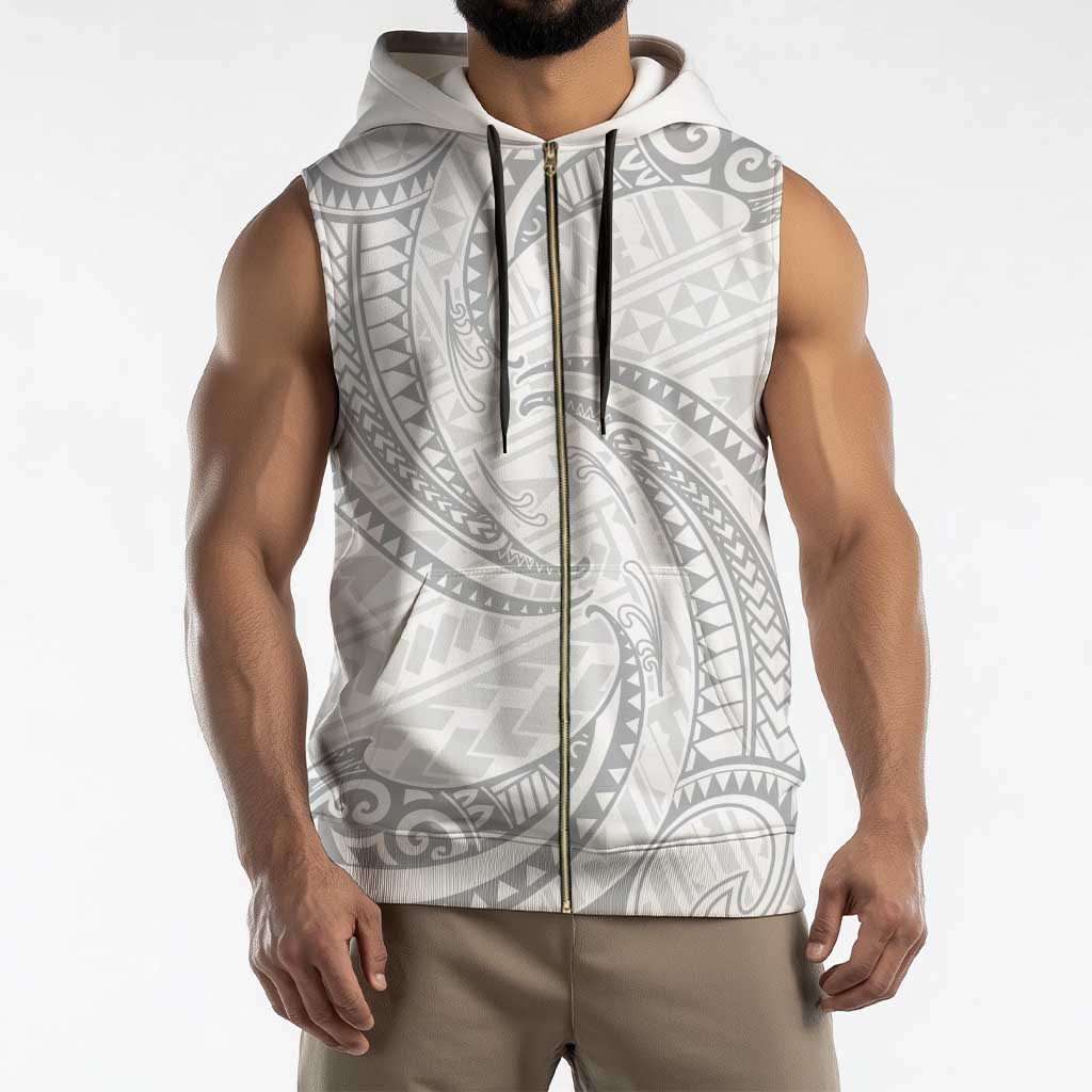 White Sunday Lotu Tamaiti Sleeveless Zip Hoodie Polynesian Wave Pastel Gray - Polynesian Pride