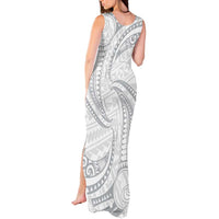 White Sunday Lotu Tamaiti Tank Maxi Dress Polynesian Wave Pastel Gray - Polynesian Pride
