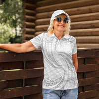 White Sunday Lotu Tamaiti Women Polo Shirt Polynesian Wave Pastel Gray - Polynesian Pride