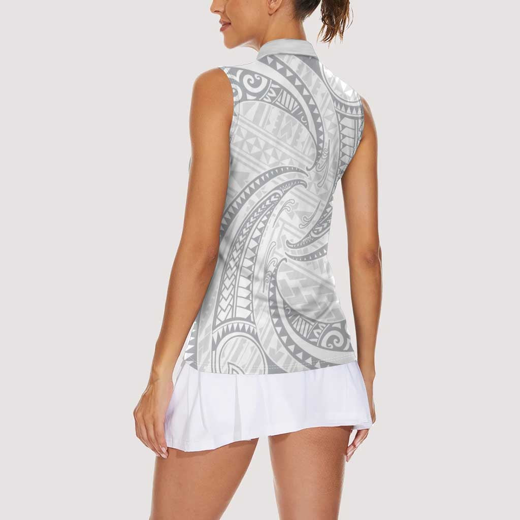 White Sunday Lotu Tamaiti Women Sleeveless Polo Shirt Polynesian Wave Pastel Gray LT9 - Polynesian Pride
