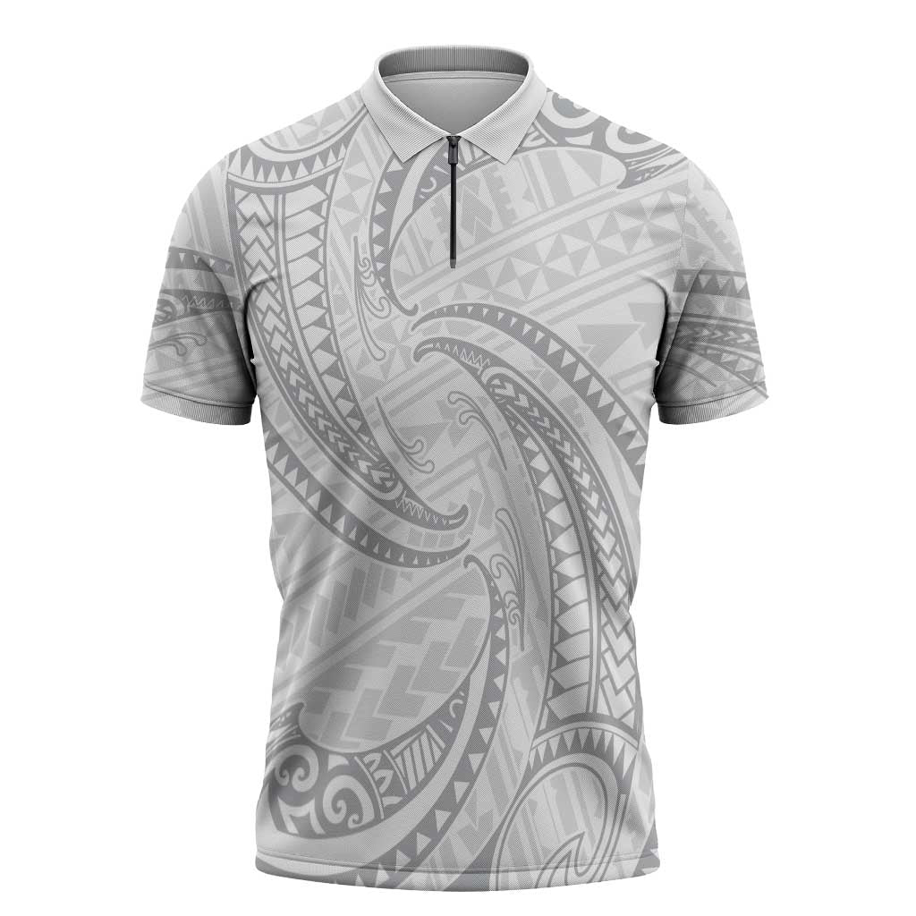 White Sunday Lotu Tamaiti Zipper Polo Shirt Polynesian Wave Pastel Gray LT9 Gray - Polynesian Pride