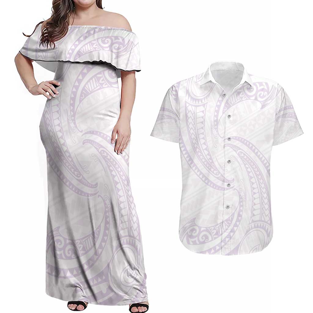 White Sunday Lotu Tamaiti Couples Matching Off Shoulder Maxi Dress and Hawaiian Shirt Polynesian Wave Pastel Mauve LT9 Mauve - Polynesian Pride