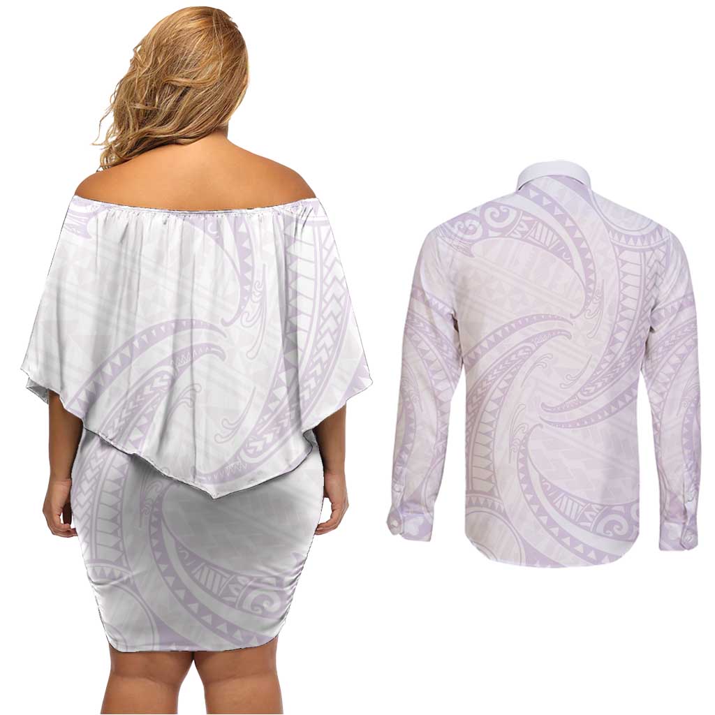 White Sunday Lotu Tamaiti Couples Matching Off Shoulder Short Dress and Long Sleeve Button Shirt Polynesian Wave Pastel Mauve LT9 - Polynesian Pride
