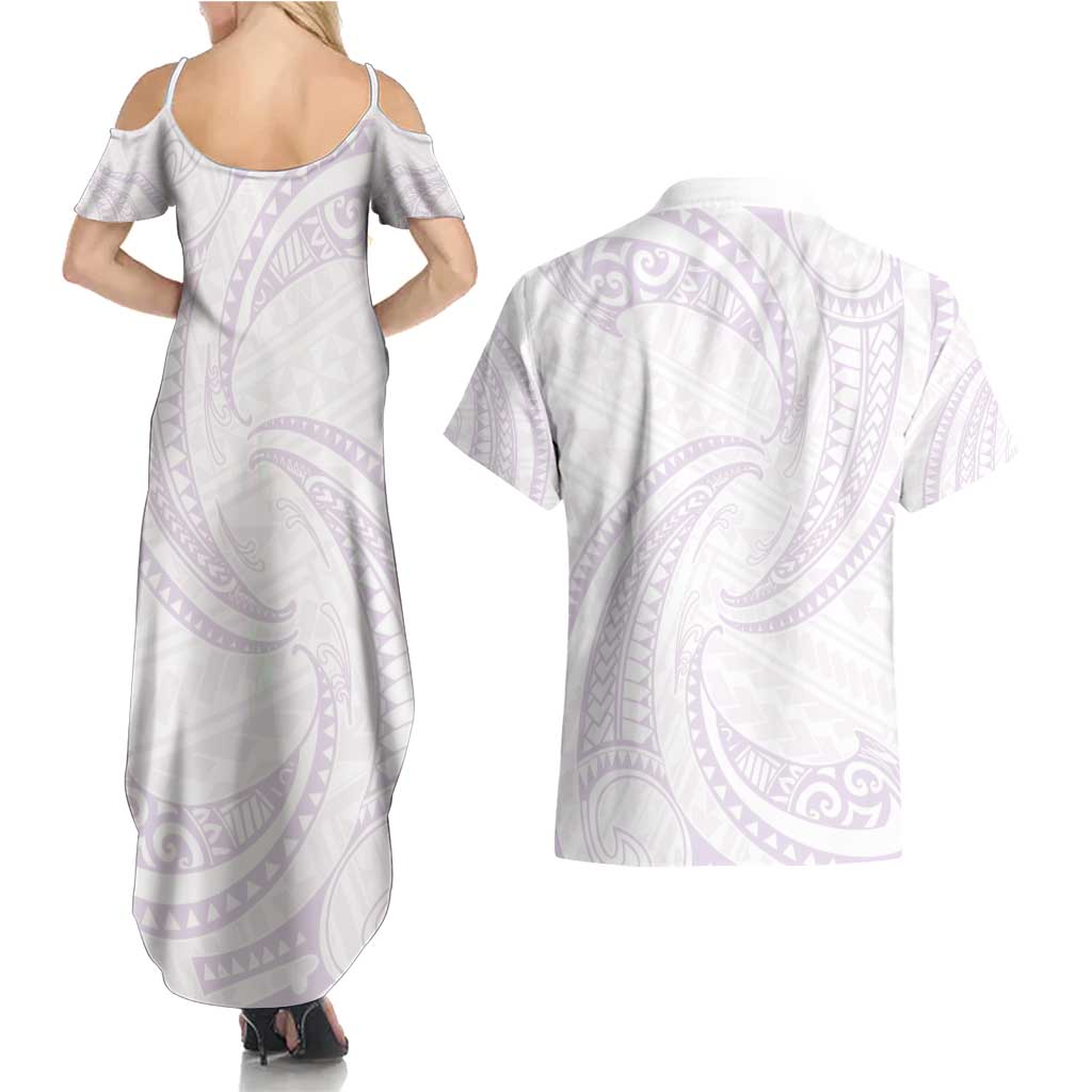 White Sunday Lotu Tamaiti Couples Matching Summer Maxi Dress and Hawaiian Shirt Polynesian Wave Pastel Mauve - Polynesian Pride