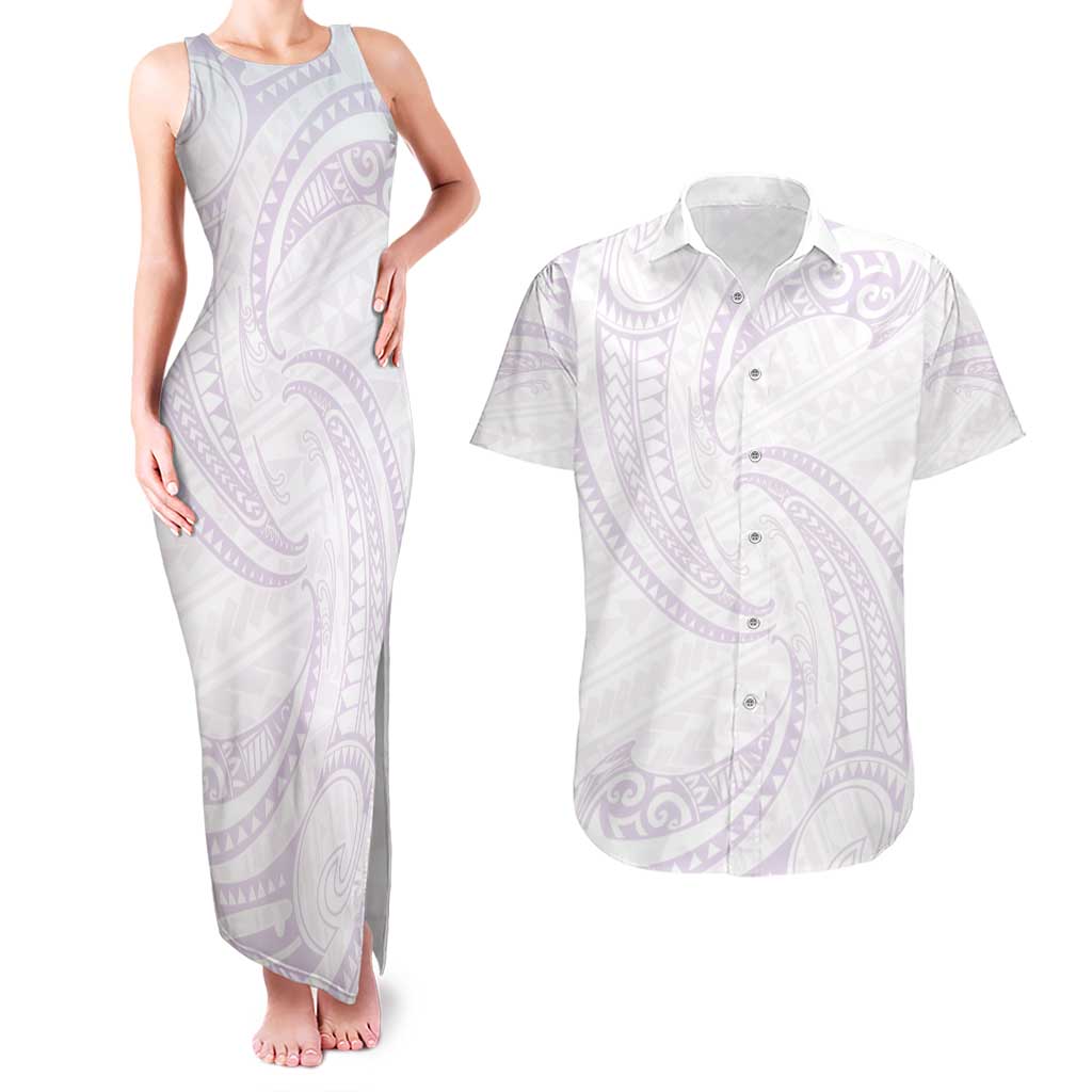 White Sunday Lotu Tamaiti Couples Matching Tank Maxi Dress and Hawaiian Shirt Polynesian Wave Pastel Mauve LT9 Mauve - Polynesian Pride