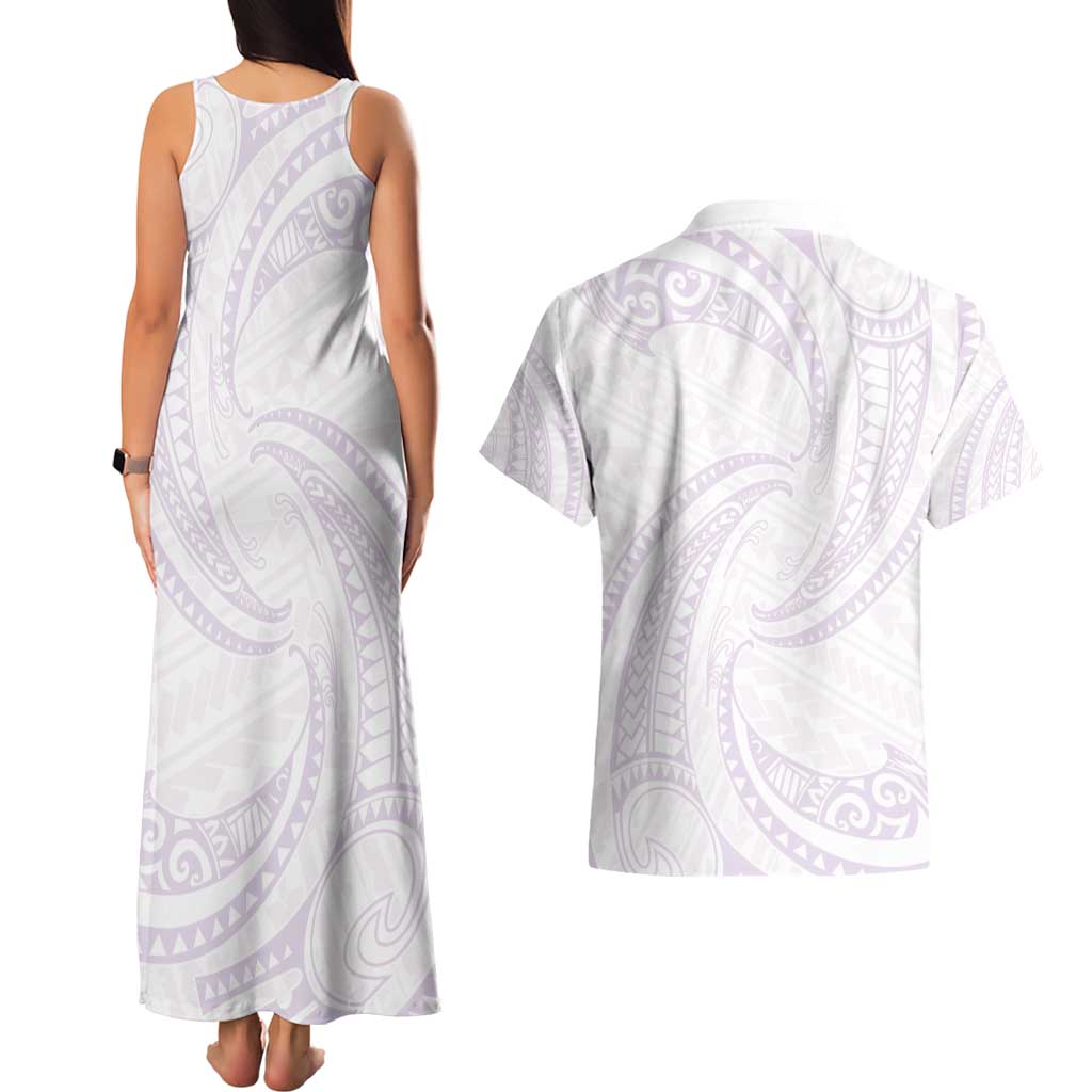 White Sunday Lotu Tamaiti Couples Matching Tank Maxi Dress and Hawaiian Shirt Polynesian Wave Pastel Mauve - Polynesian Pride