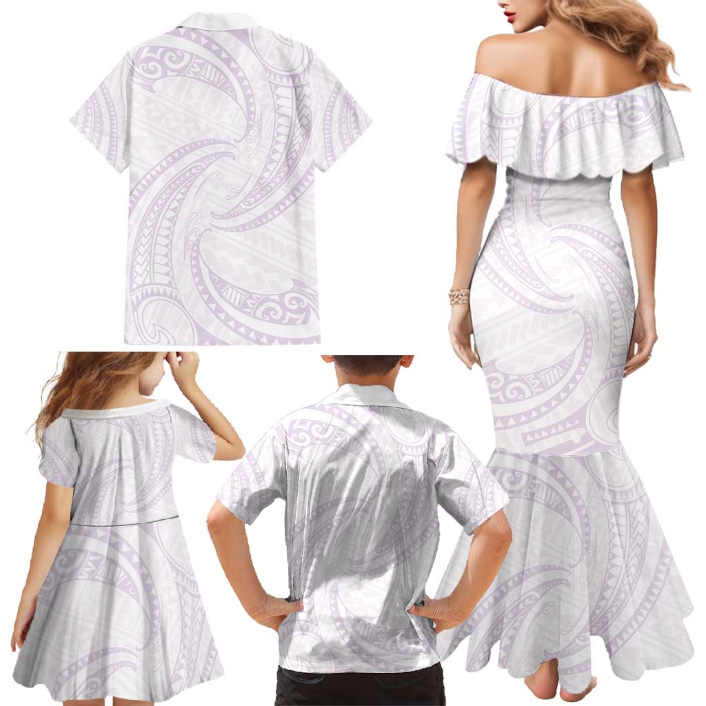 White Sunday Lotu Tamaiti Family Matching Mermaid Dress and Hawaiian Shirt Polynesian Wave Pastel Mauve - Polynesian Pride