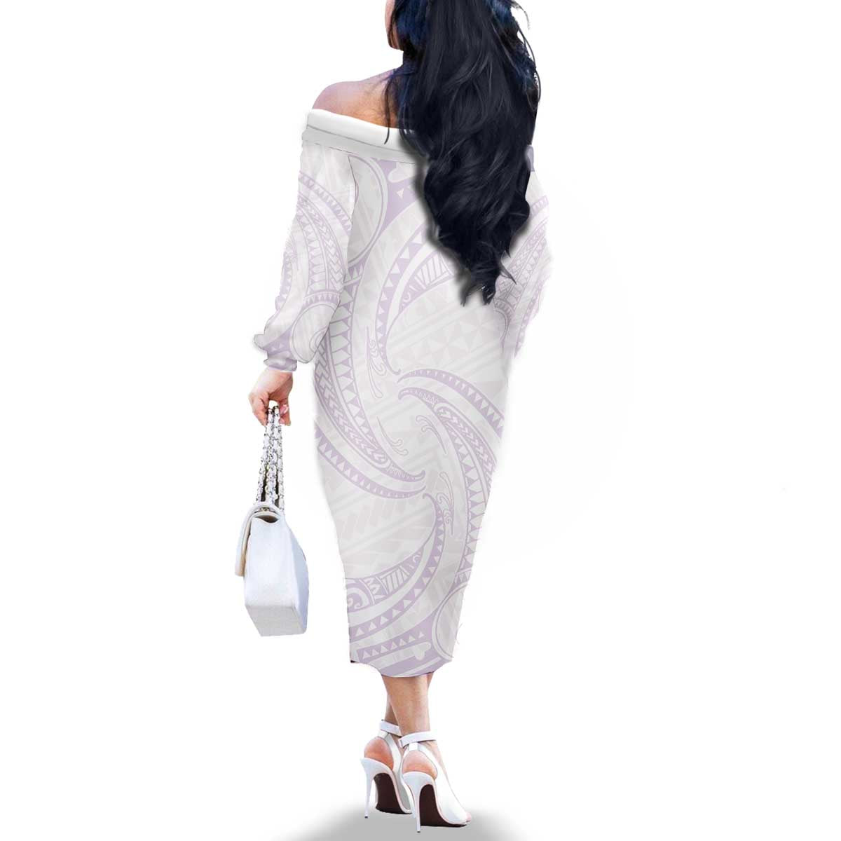 White Sunday Lotu Tamaiti Family Matching Off The Shoulder Long Sleeve Dress and Hawaiian Shirt Polynesian Wave Pastel Mauve - Polynesian Pride